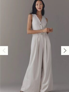 Anthropologie Cream Pinstripe Wide-Leg Jumpsuit